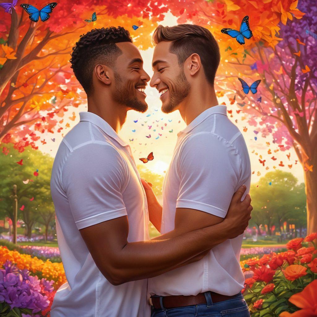 A heartwarming scene showcasing two diverse men sharing a joyful embrace in a colorful park filled with pride flags and blooming flowers. The background features a radiant sunset, symbolizing love and acceptance, while playful butterflies flutter around them. Their expressions convey happiness and authenticity. The overall ambiance radiates warmth and inclusivity. vibrant colors. super-realistic.