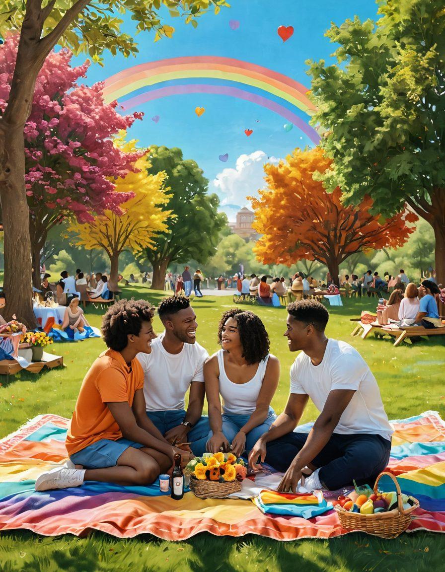 A warm, vibrant scene depicting a diverse group of LGBTQ+ couples sharing joyful moments in a picturesque park. The foreground features two men sharing a tender moment on a picnic blanket, while friends laugh and enjoy a colorful picnic in the background, surrounded by blooming flowers and soft sunlight. Incorporate symbolic elements like rainbow flags and heart shapes to celebrate love and friendship. super-realistic. vibrant colors. bright sky.