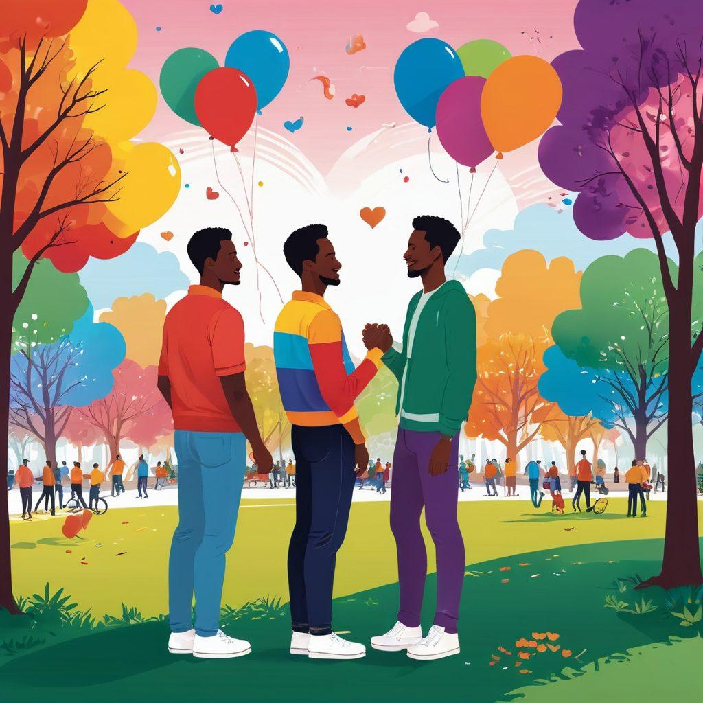A vibrant illustration of two men engaged in a heartfelt conversation in a lively urban park, surrounded by diverse couples and friends enjoying the scenery. Include symbols of love and connection like heart-shaped balloons and rainbow flags subtly in the background. The scene should reflect warmth, inclusivity, and deep emotional connections. bright colors, vector art, urban landscape.